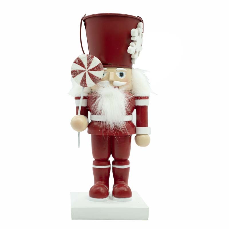 Schiaccianoci Natalizi in Resina con Cappello a Secchio in Latta rosso - H.24 cm - stile
